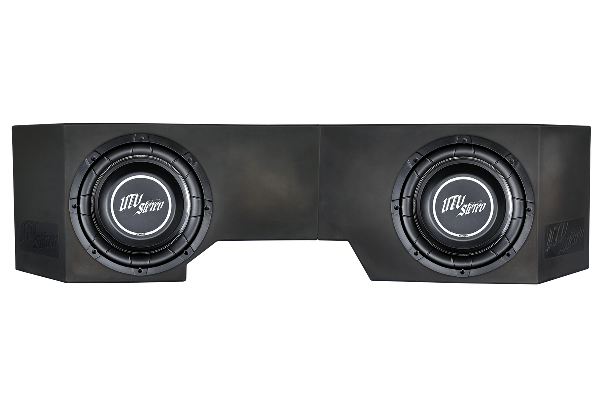 UTV Stereo dual subwoofer enclosure with two black speakers