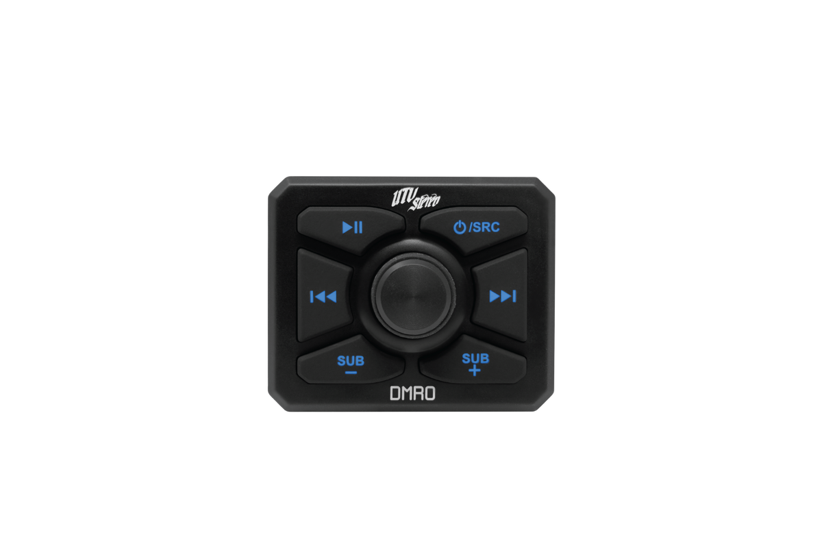 UTV Stereo DMRO remote control with playback and subwoofer adjustment buttons