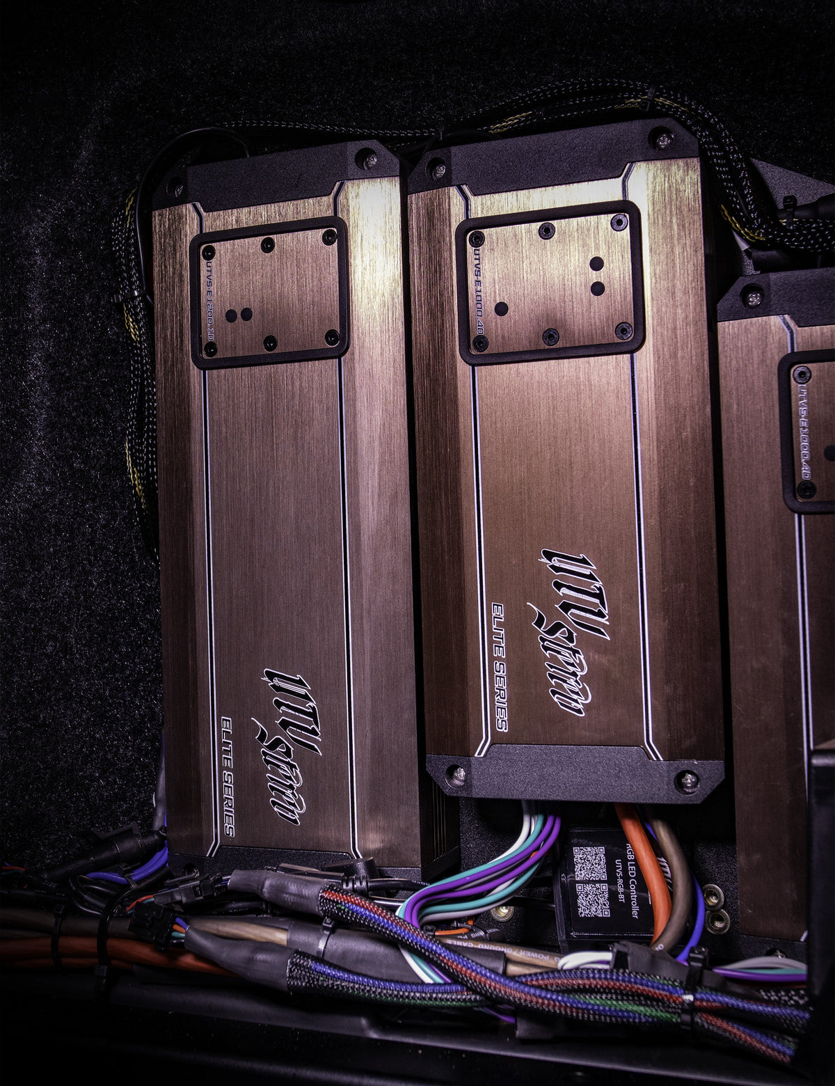 UTV Stereo Elite Series amplifiers with wiring and RGB LED controller