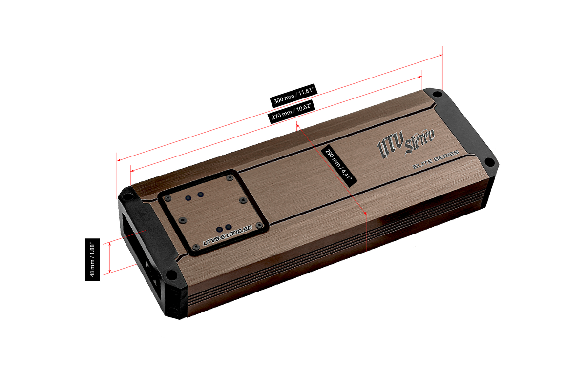 UTV Stereo Elite Series amplifier with technical dimension labels