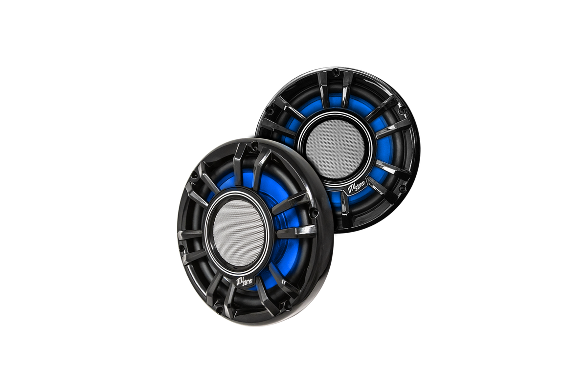 Two UTV Stereo round speakers with black grilles and blue accents