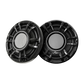 Two black UTV Stereo circular speakers with silver mesh centers