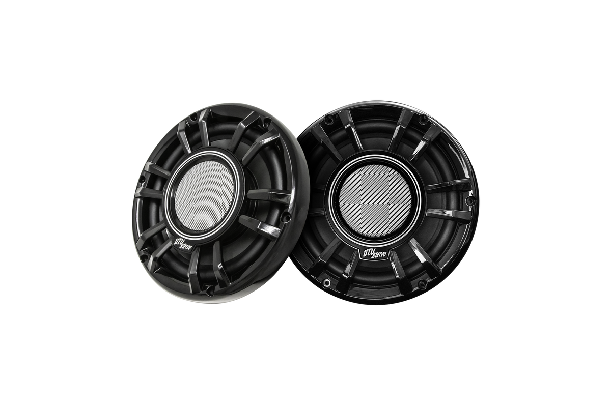 Two black UTV Stereo circular speakers with silver mesh grilles