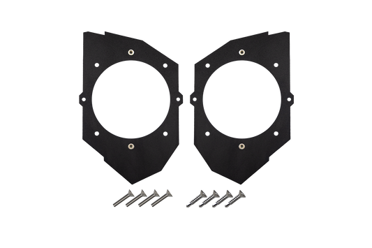 Two black metal speaker mounting brackets with eight silver screws