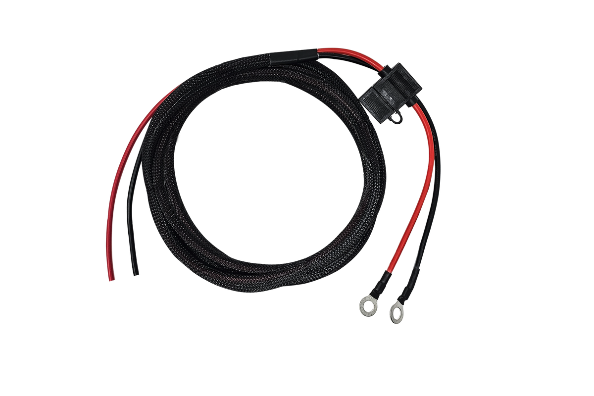Coiled black braided power cable with red and black wires and ring terminals
