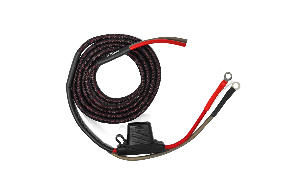 Coiled UTV Stereo power cable with inline fuse holder and ring terminals