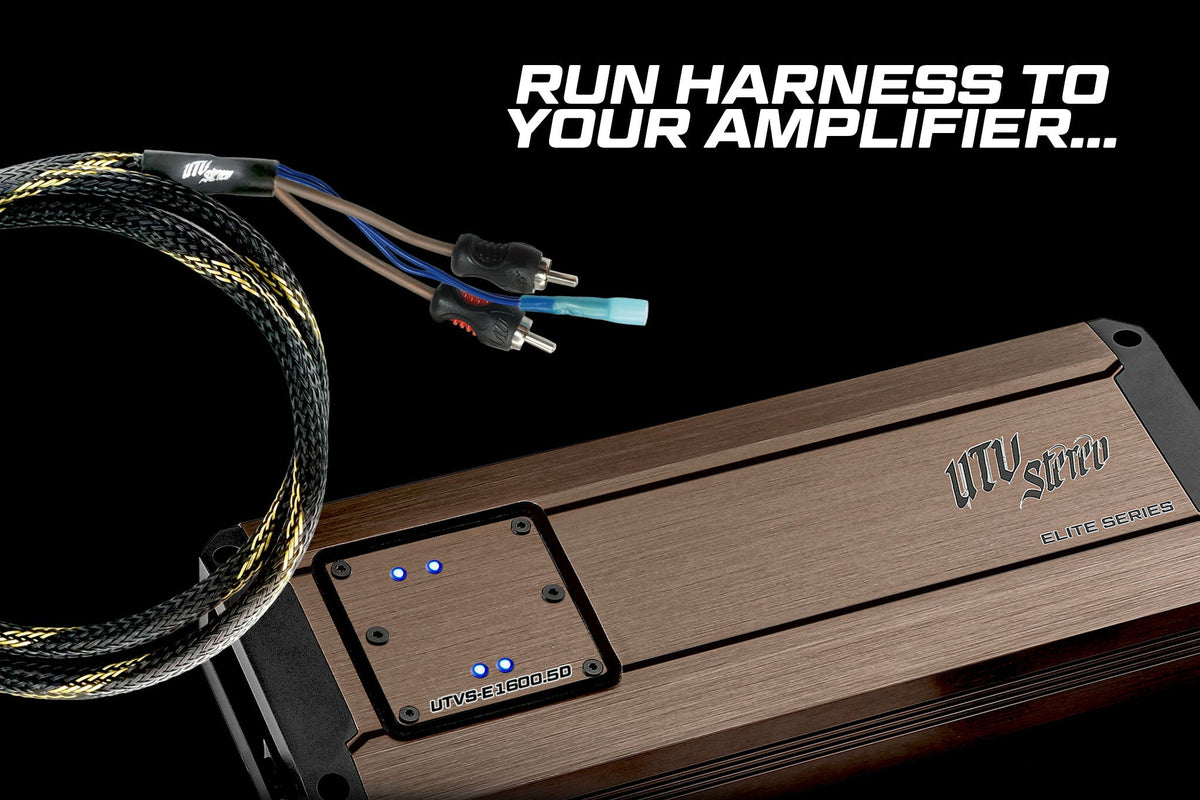 UTV Stereo Elite Series amplifier with connected wiring harness