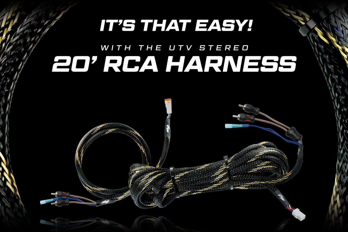 UTV Stereo 20 foot RCA harness with braided black and yellow protective sleeve