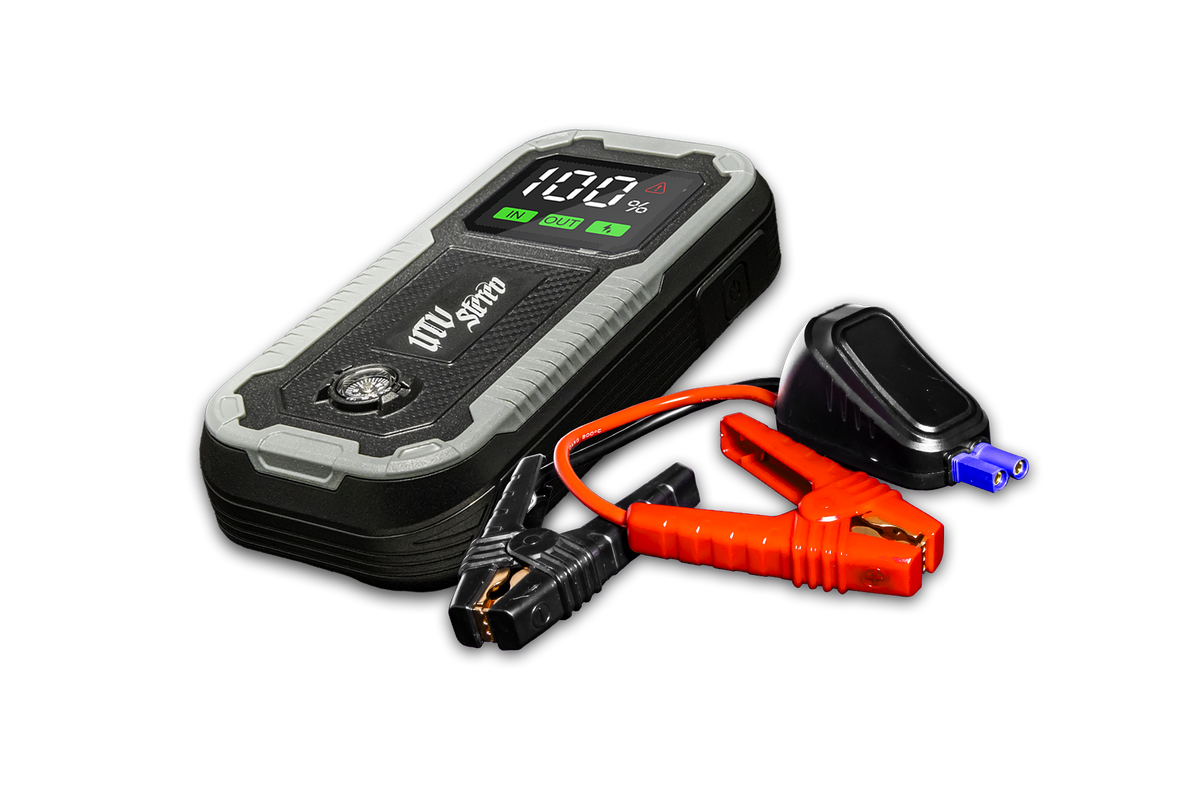 UTV Stereo portable jump starter power bank with red and black jumper cables