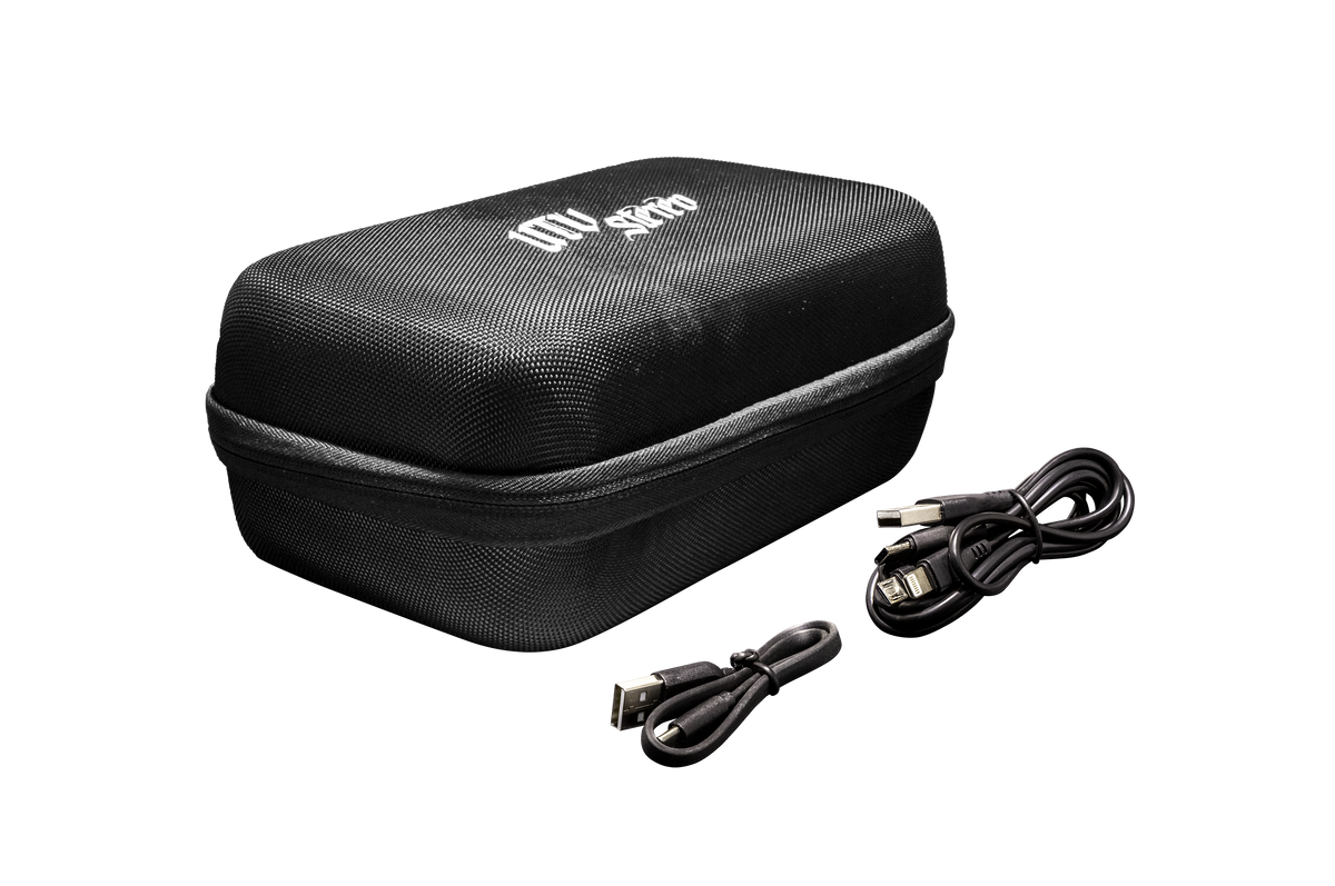 Black rectangular protective carrying case with two black USB charging cables