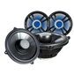 Two black and blue marine audio speakers with metallic silver tweeters