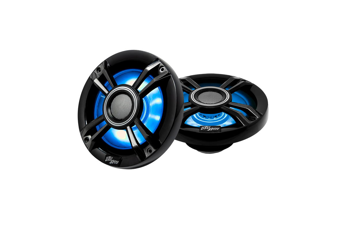 Two UTV Stereo black marine speakers with blue LED lighting