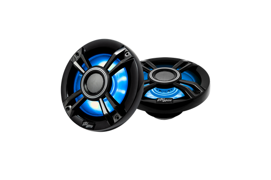 Two UTV Stereo black marine speakers with blue LED lighting