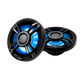 Two UTV Stereo black marine speakers with blue LED lighting