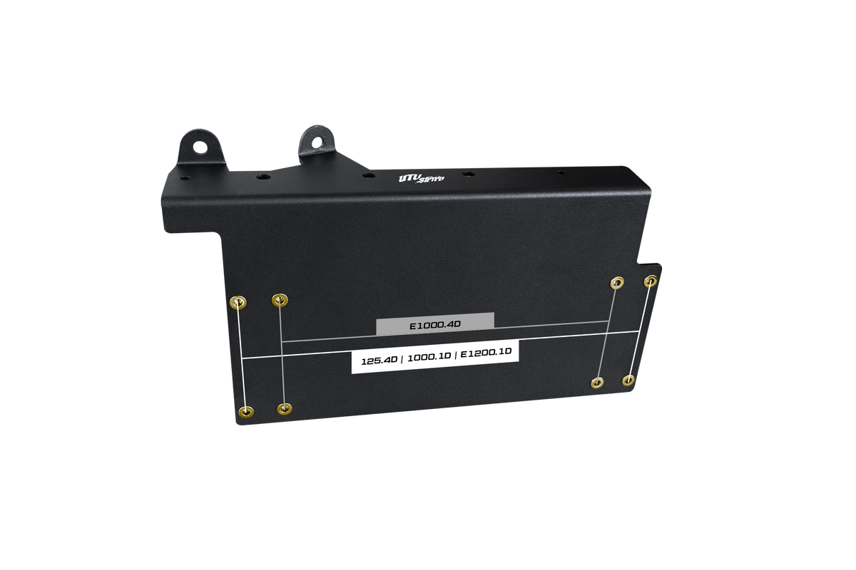 Black metal UTV Stereo amplifier mounting bracket with pre-drilled holes and model labels