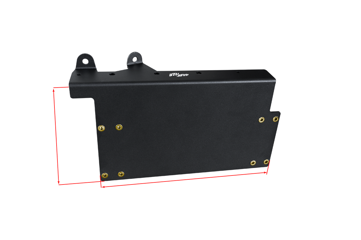 Black metal UTV Stereo mounting bracket with red dimension lines