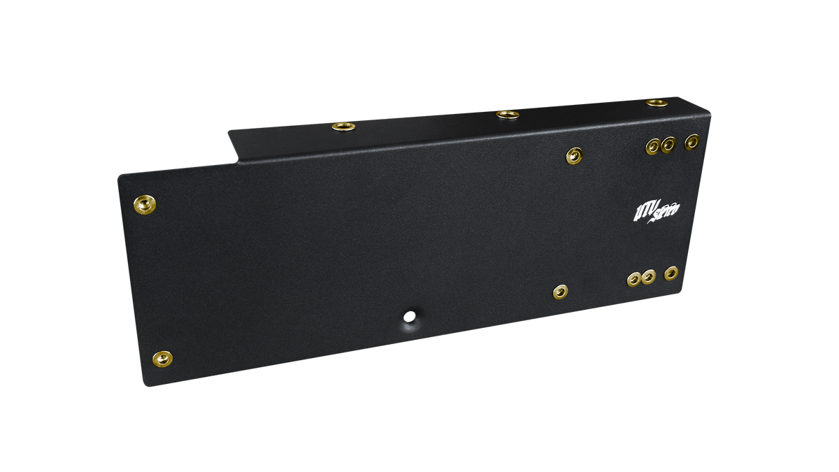 UTV Stereo black metal mounting bracket with gold hardware
