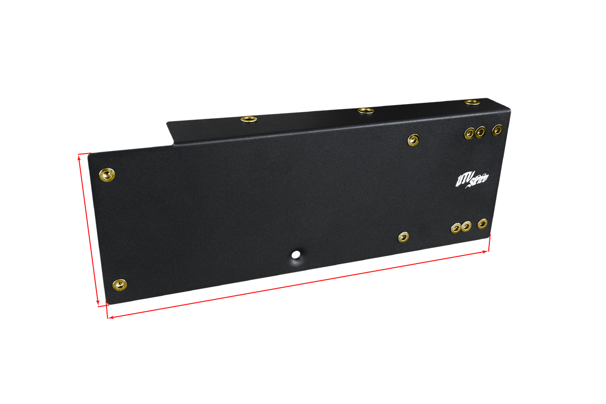 Black UTV Stereo metal mounting bracket with gold hardware and red dimension lines