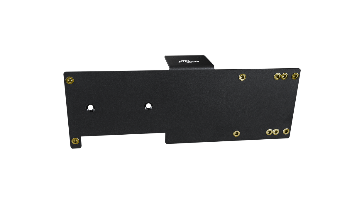 Black metal UTV INC mounting bracket with predrilled holes and gold hardware