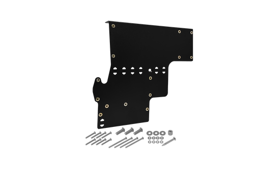 Black metal mounting bracket with included screws and washers