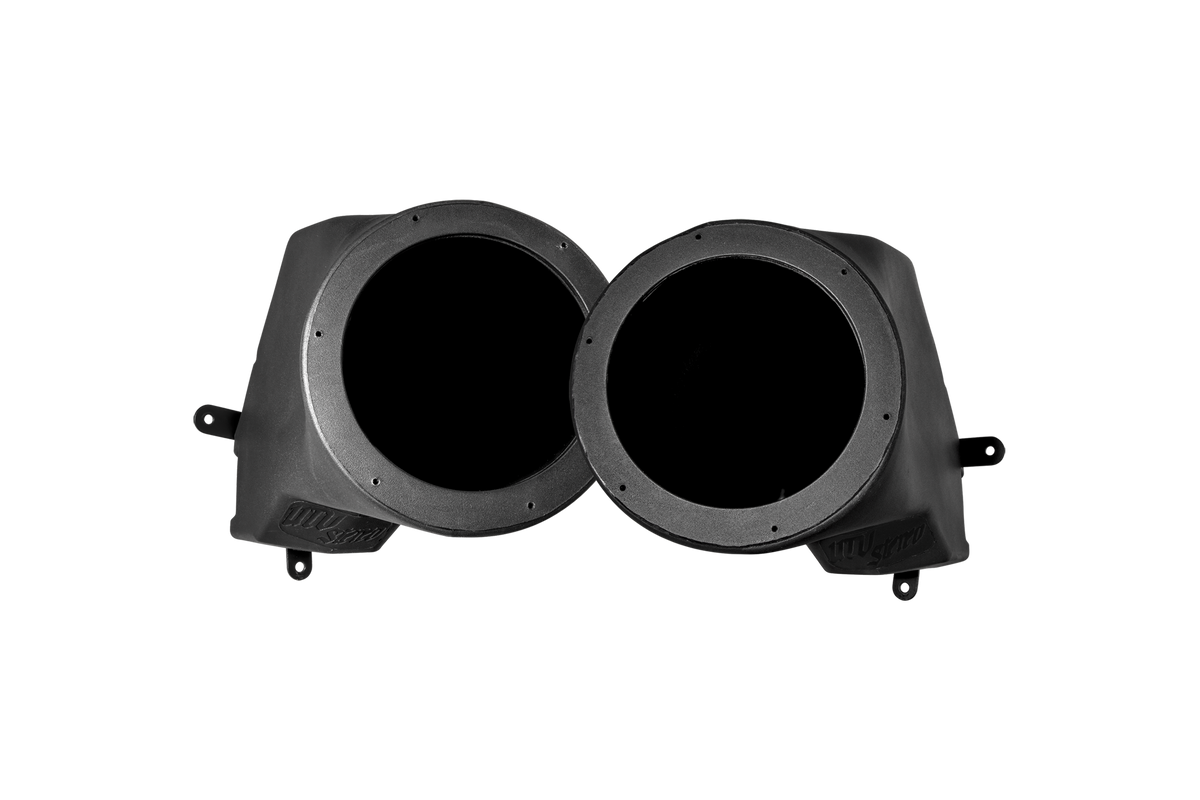 Pair of black UTV Stereo speaker pods with circular mounting holes