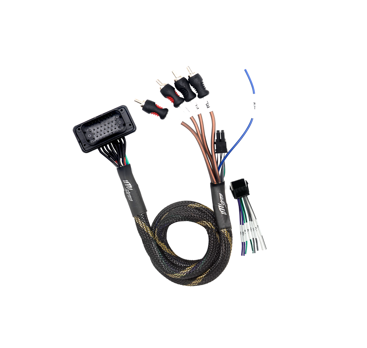 Wiring harness with RCA connectors and multi pin plug for car audio systems