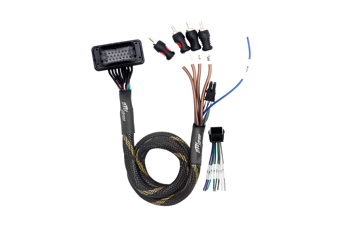 UTV Stereo wiring harness with multi-pin connector and RCA outputs