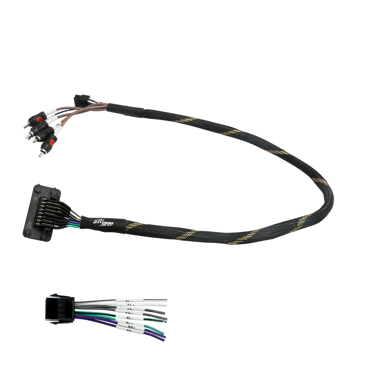 UTV Stereo wiring harness with RCA connectors and labeled speaker wires