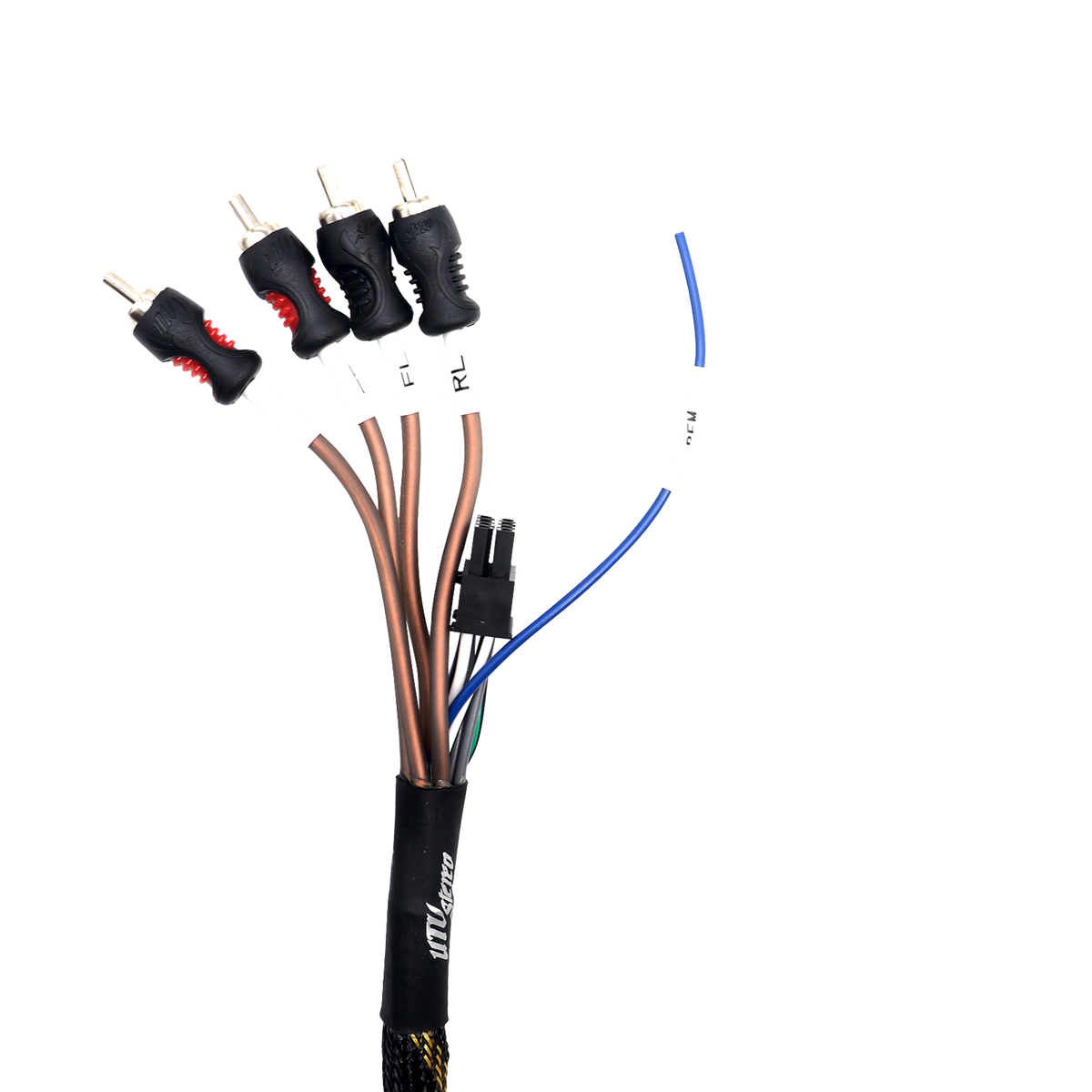 UTV Stereo wiring harness with four RCA connectors and a blue remote wire