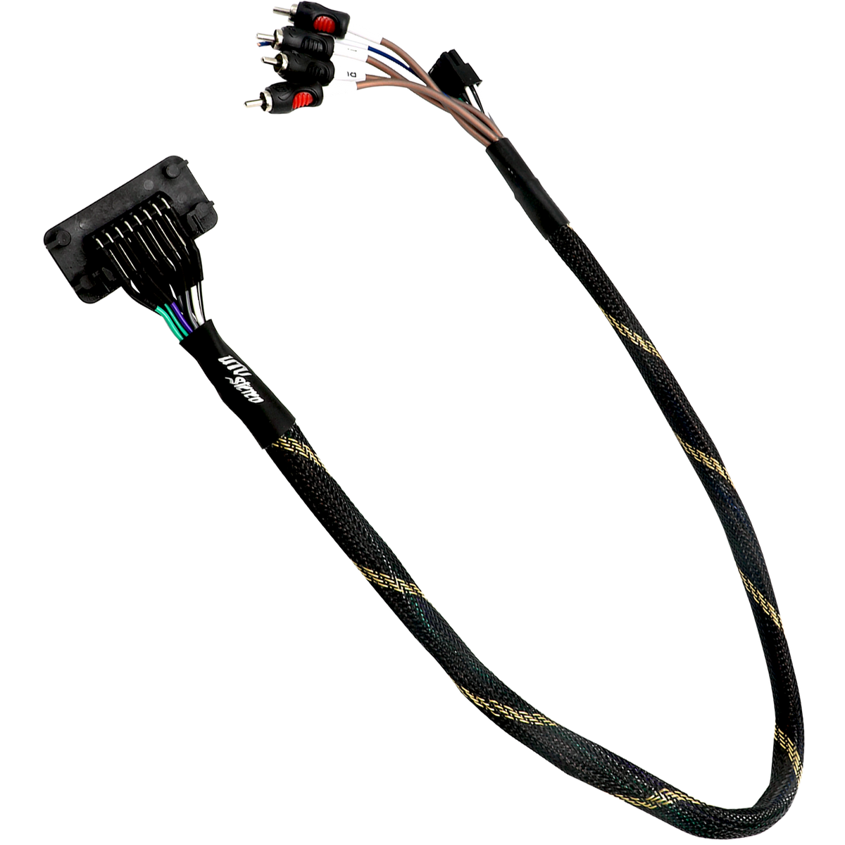 UTV Stereo wiring harness with RCA connectors and black braided cable