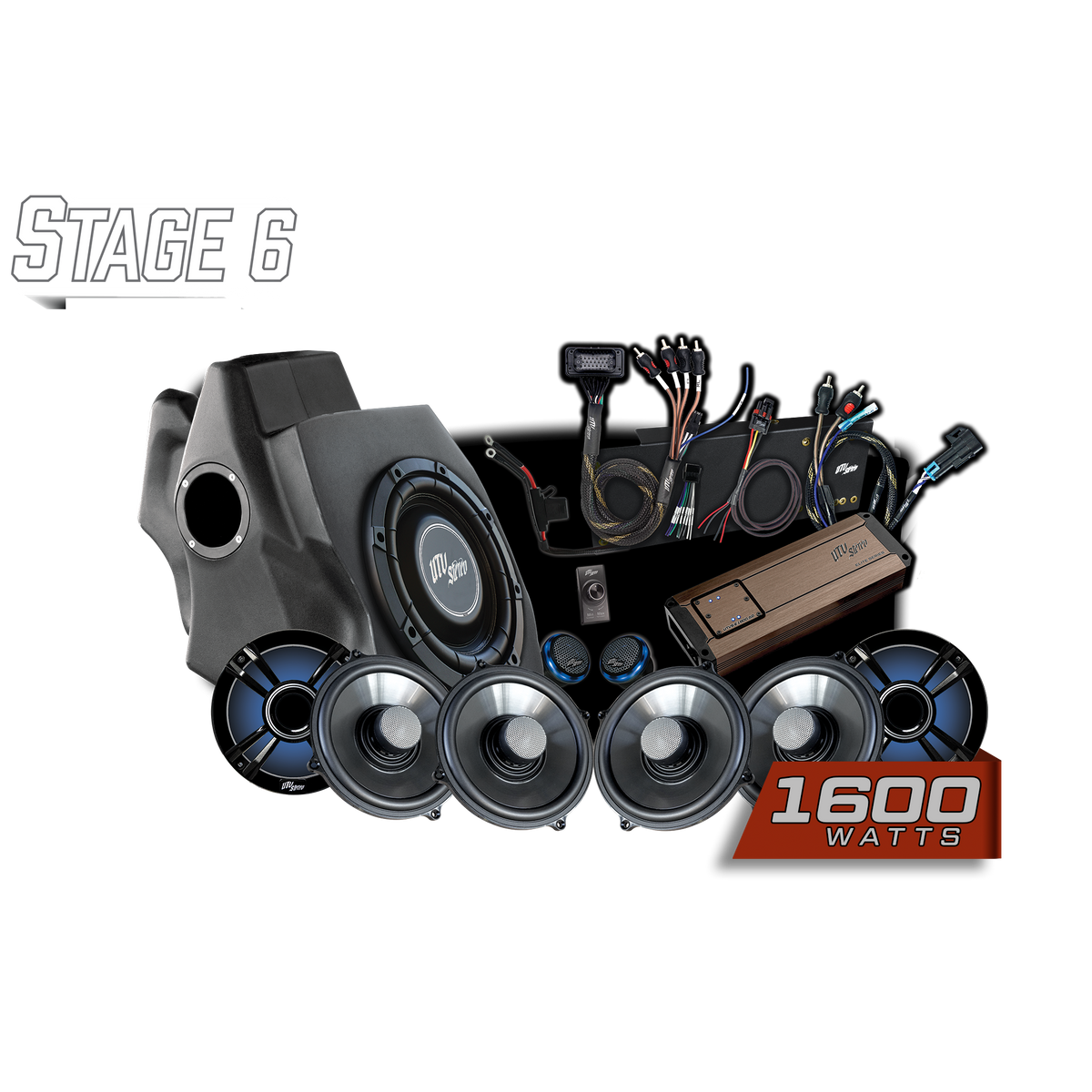 UTV Stereo Stage 6 audio system kit with subwoofer enclosure amplifier speakers and wiring harness