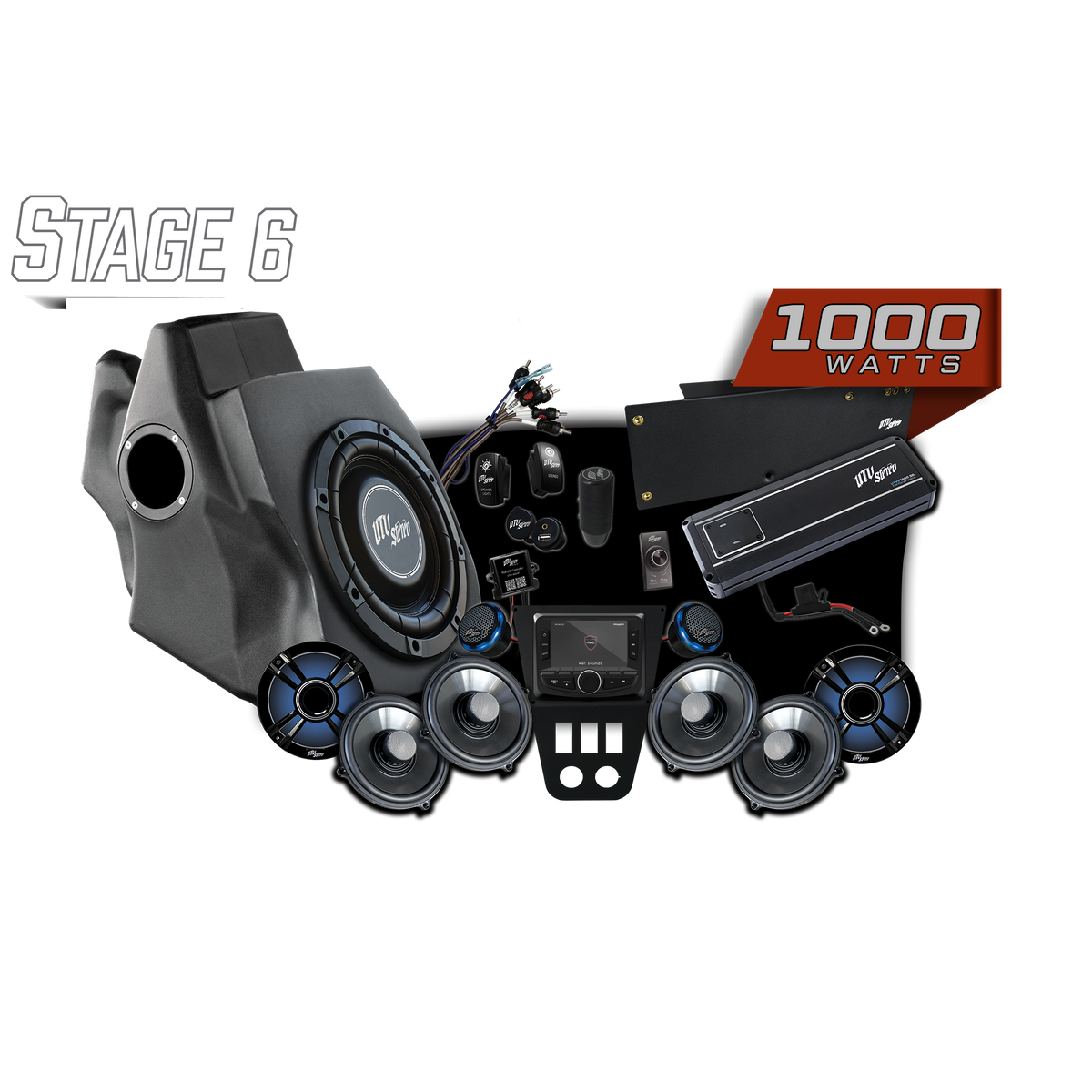 UTV Stereo Stage 6 audio system kit with subwoofer, speakers, amplifier, and head unit
