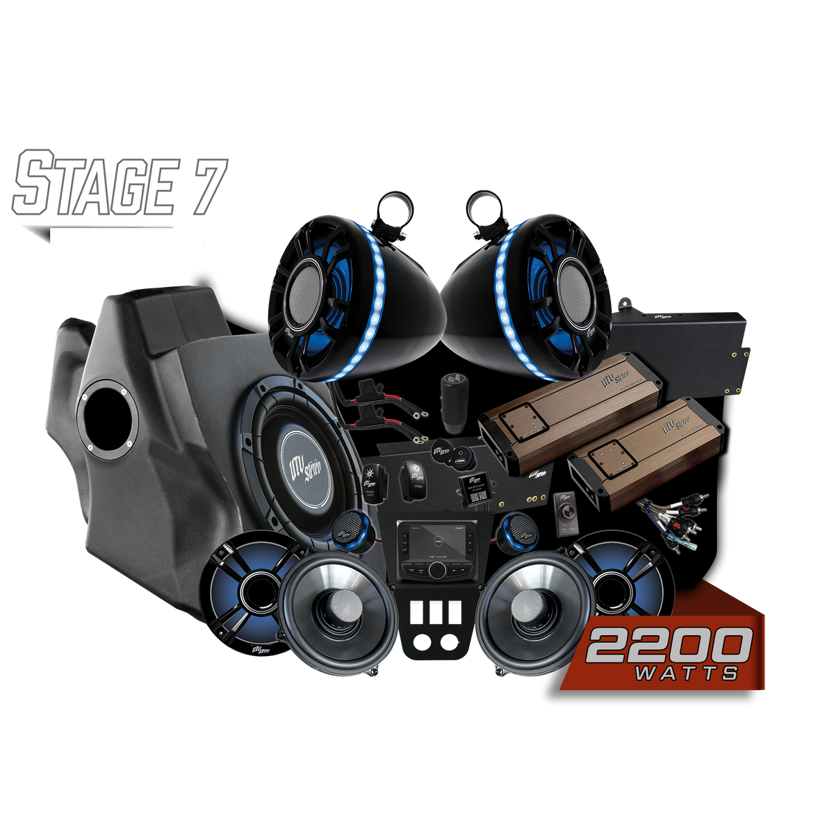 UTV Stereo Stage 7 audio system kit with speakers subwoofer amplifiers and head unit