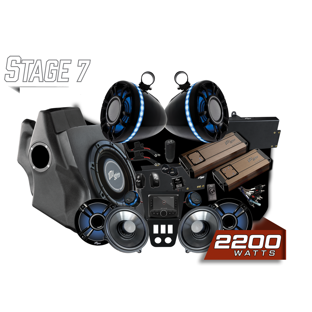 UTV Stereo Stage 7 audio system kit with speakers amplifiers subwoofer and head unit