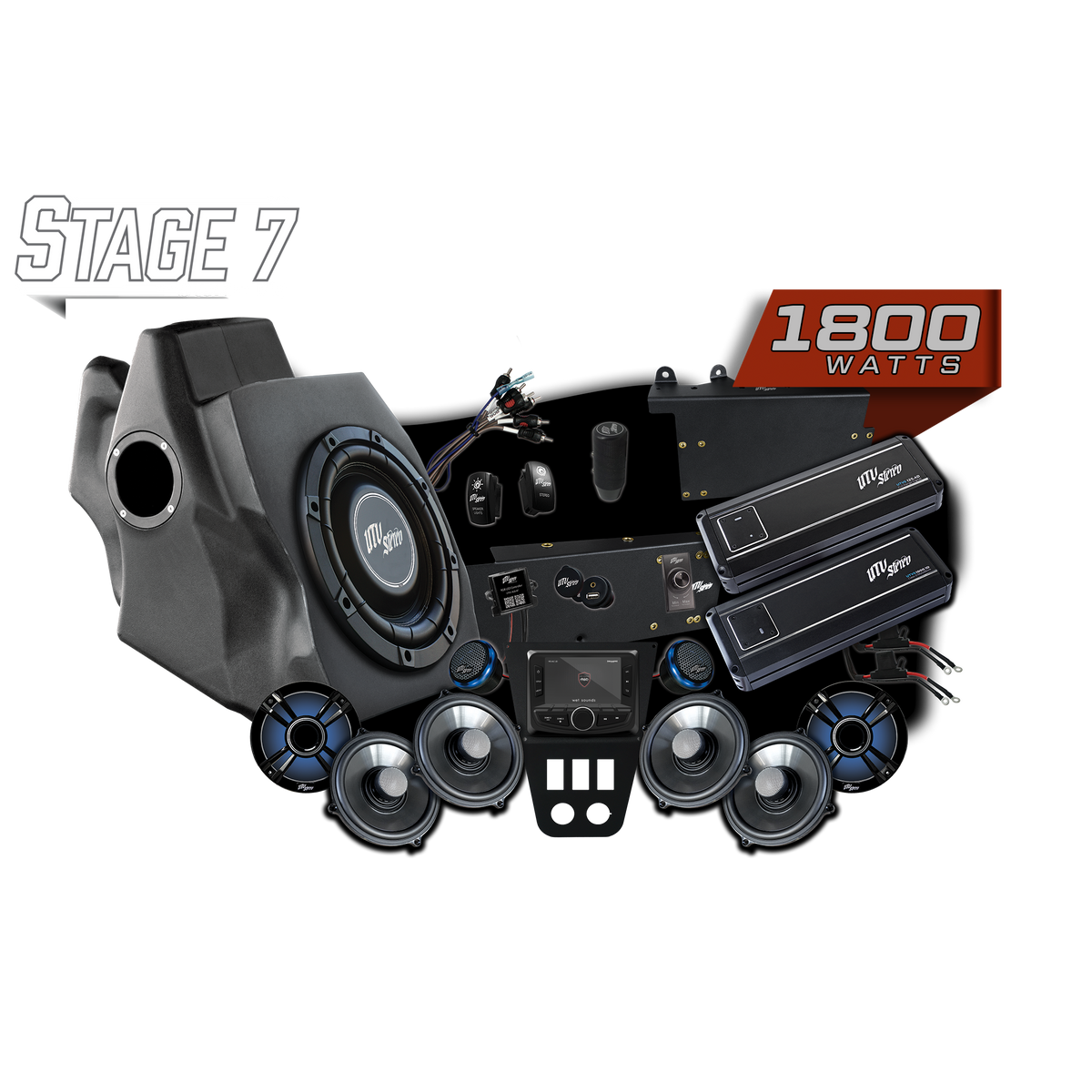 UTV Stereo Stage 7 1800 watt audio system kit including subwoofer enclosure speakers amplifiers and head unit