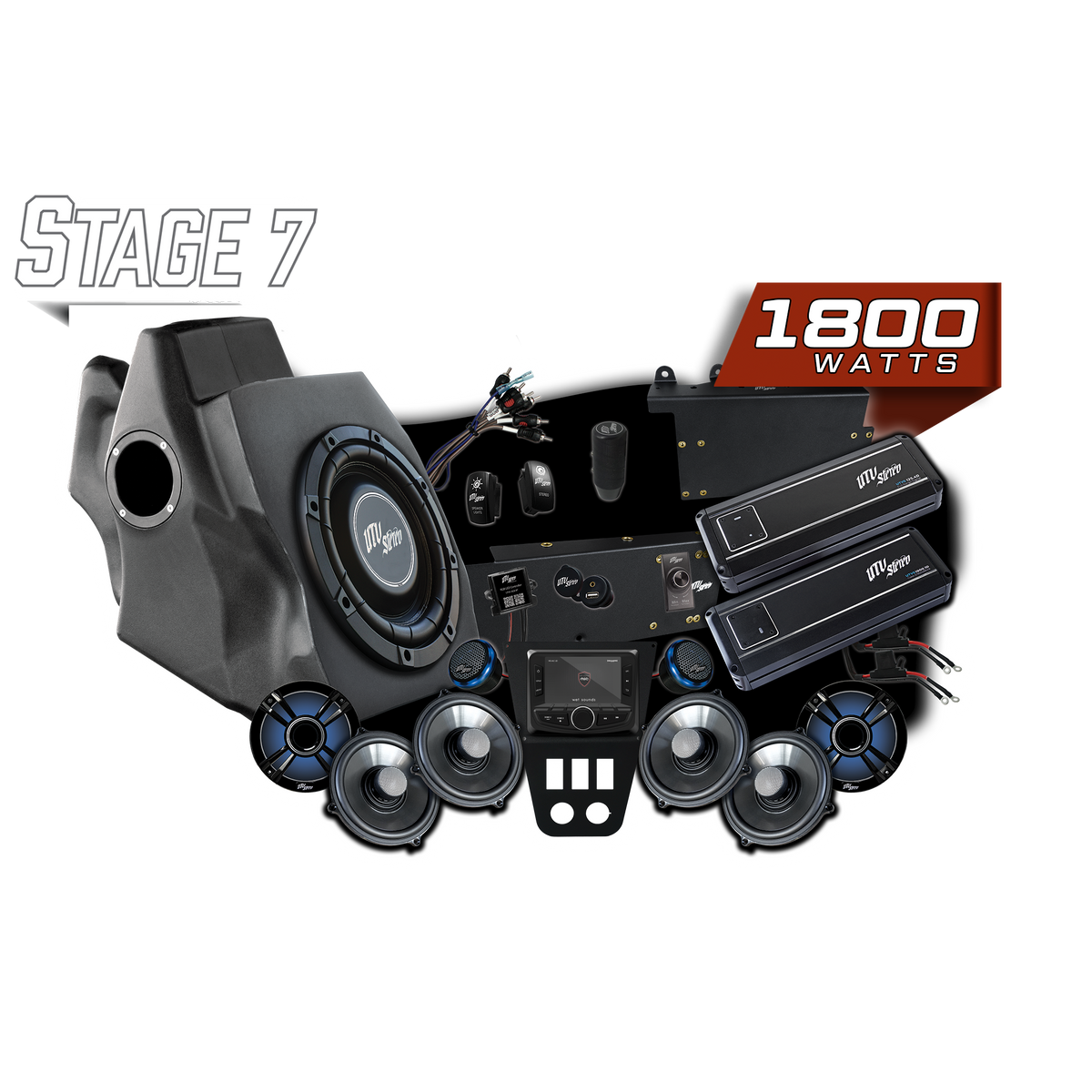 UTV Stereo Stage 7 1800 watt audio system kit with subwoofer enclosure speakers amplifiers and head unit
