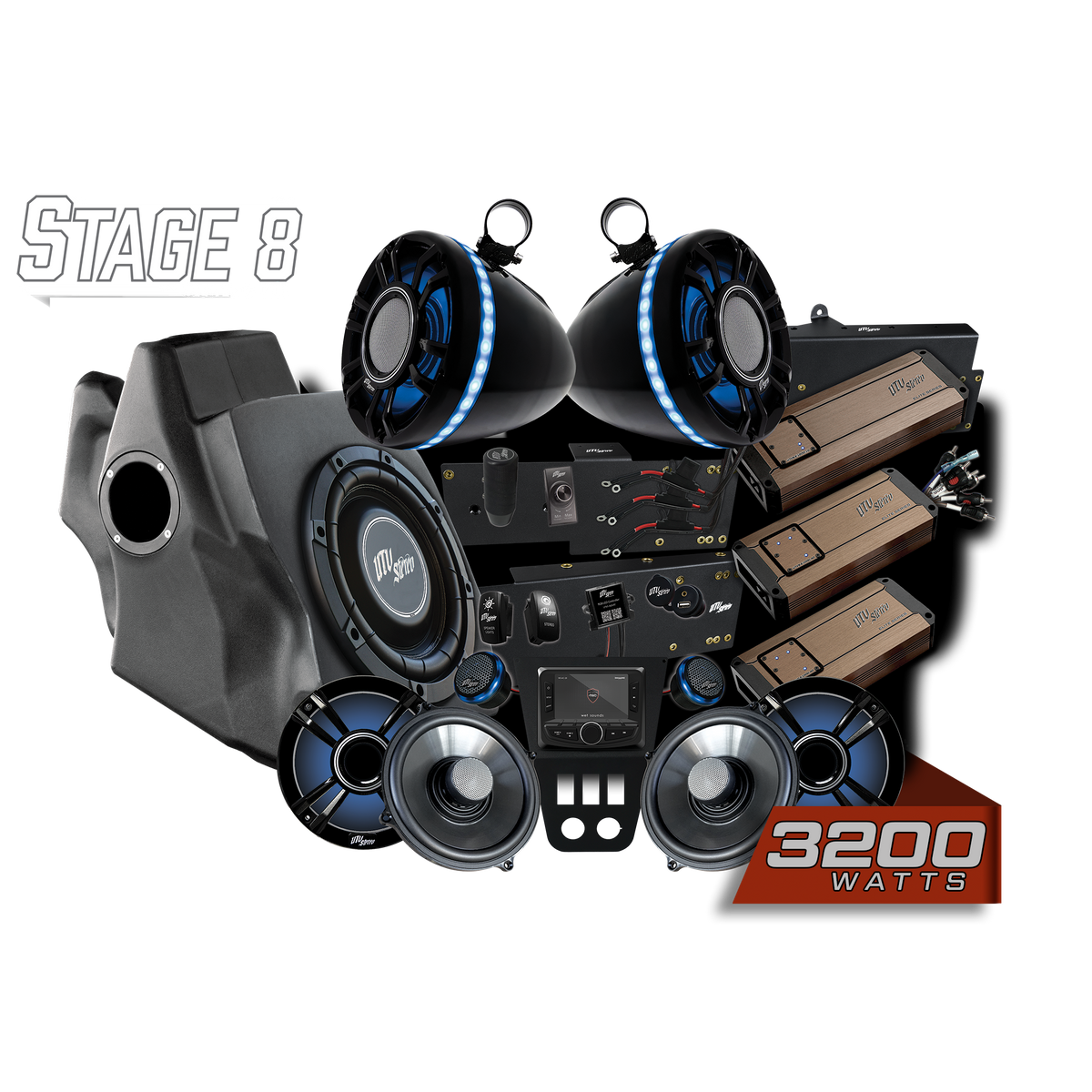 UTV Stereo Stage 8 audio system with speakers amplifiers subwoofer and head unit