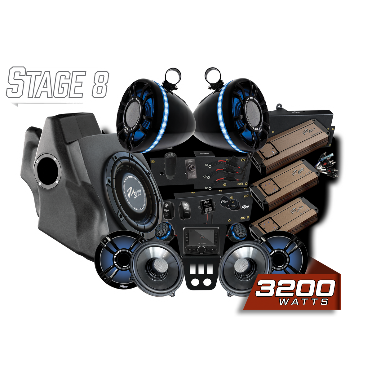 UTV Stereo Stage 8 audio system kit with speakers amplifiers subwoofer and head unit