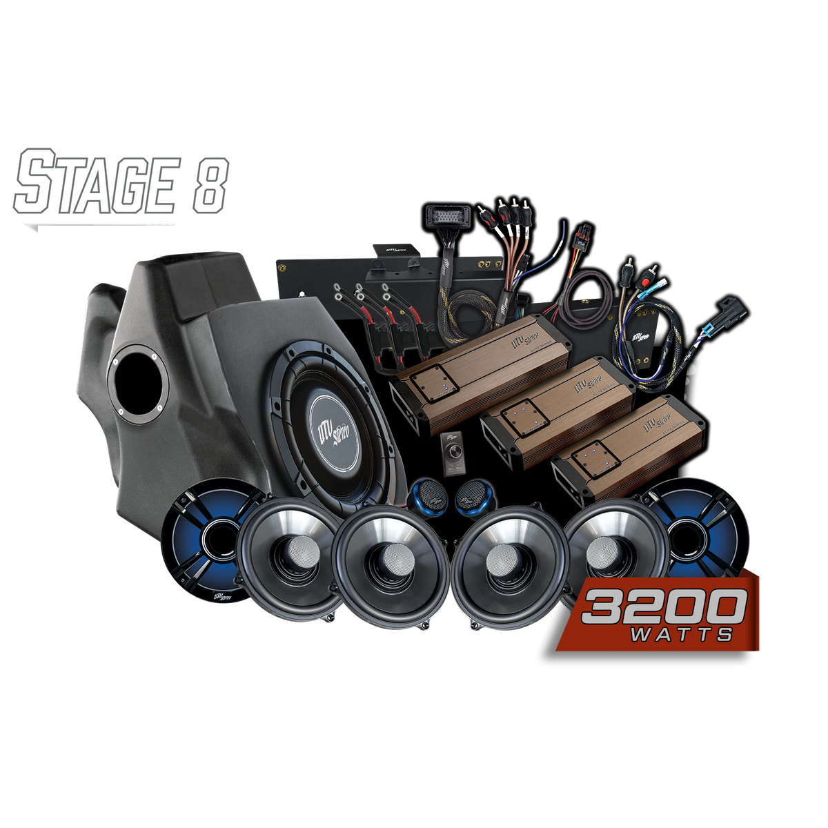 UTV Stereo Stage 8 audio system kit with subwoofer enclosure amplifiers speakers and wiring harness