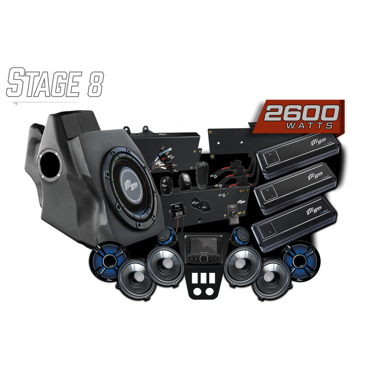 UTV Stereo Stage 8 audio system kit with speakers amplifiers subwoofer and head unit
