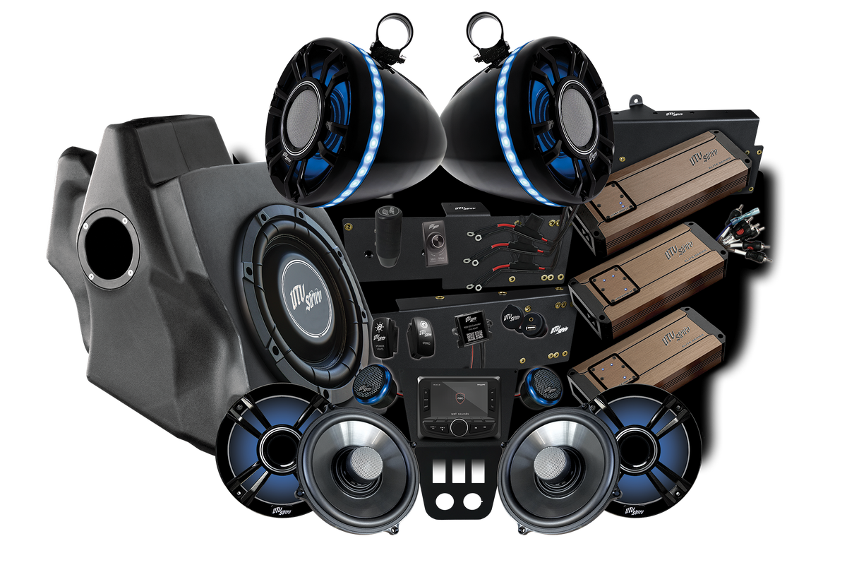 UTV Stereo audio system bundle including speakers, amplifiers, subwoofer, and head unit