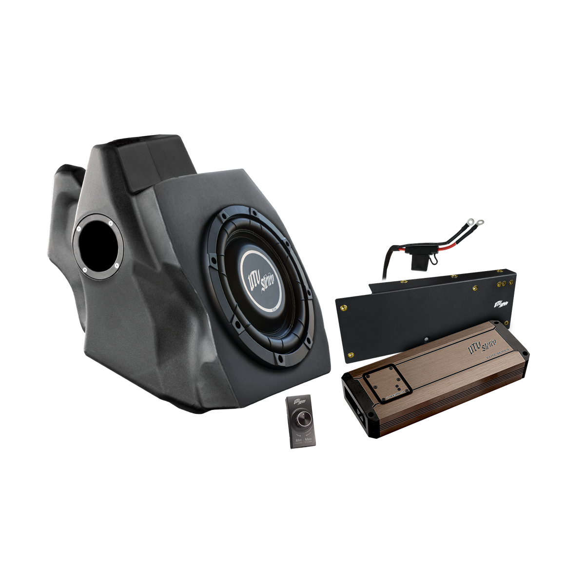 UTV Stereo Elite series subwoofer enclosure with amplifier and bass controller