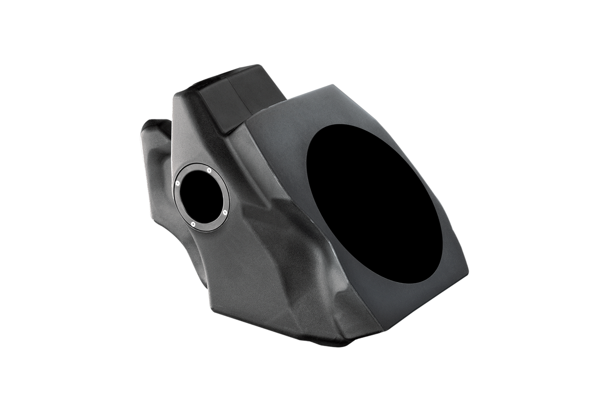 Black molded plastic subwoofer enclosure with speaker mounting holes