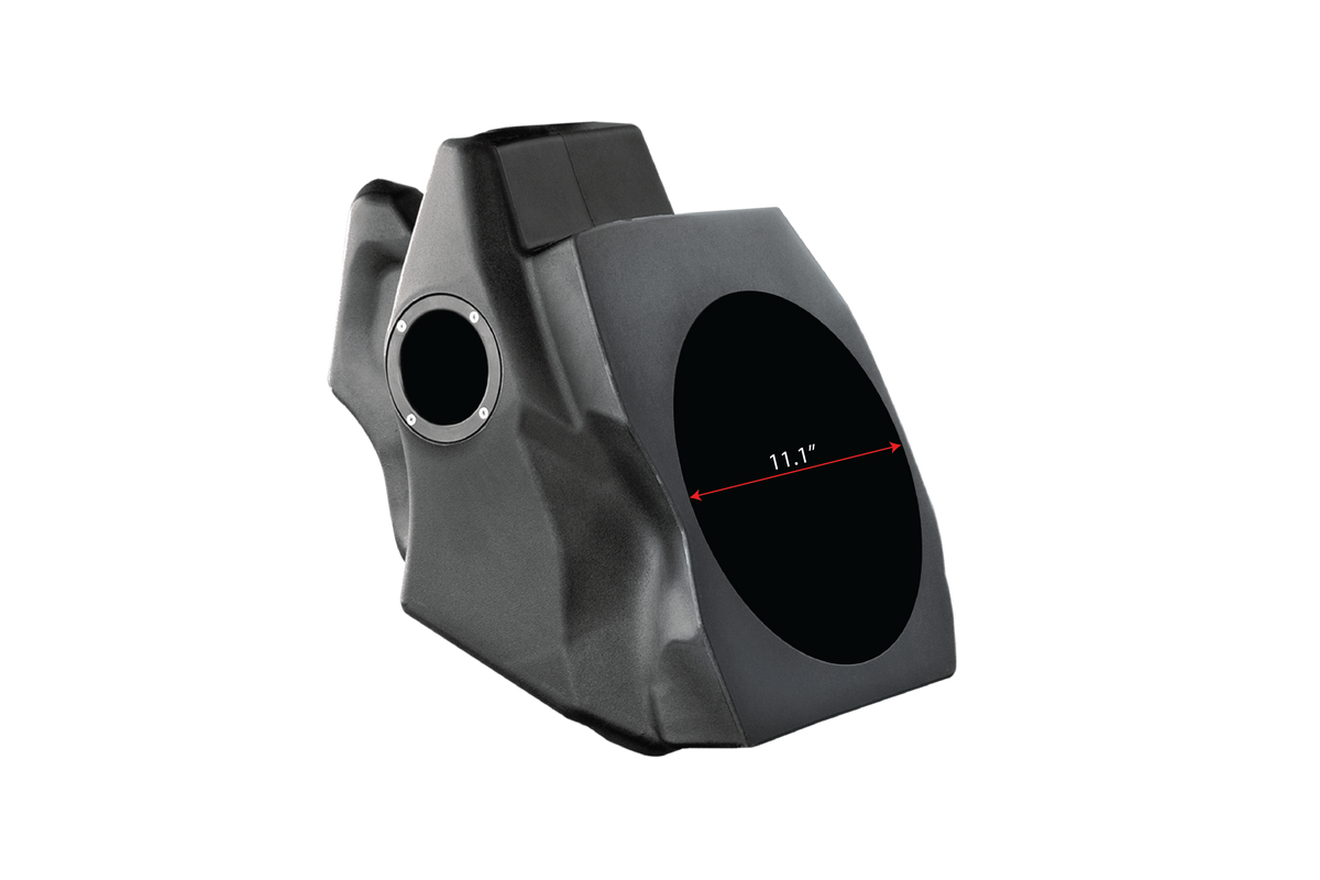 Black molded plastic subwoofer enclosure with 11.1 inch diameter opening