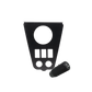 Black metal mounting plate with circular and rectangular cutouts and a cylindrical knob
