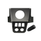 UTV Stereo black metal dash mount plate with switch cutouts and gauge hole next to a cylindrical knob