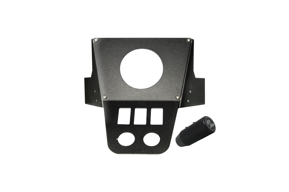 UTV Stereo black metal dash mount plate with switch cutouts and gauge hole next to a cylindrical knob