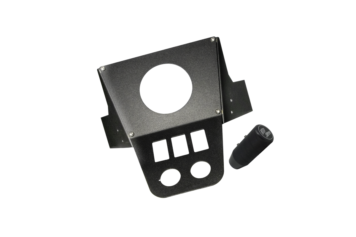 UTV Stereo black metal mounting bracket with switch cutouts and cylindrical knob