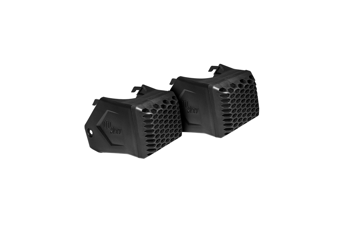 Pair of black UTV Stereo speaker pods with honeycomb grille design