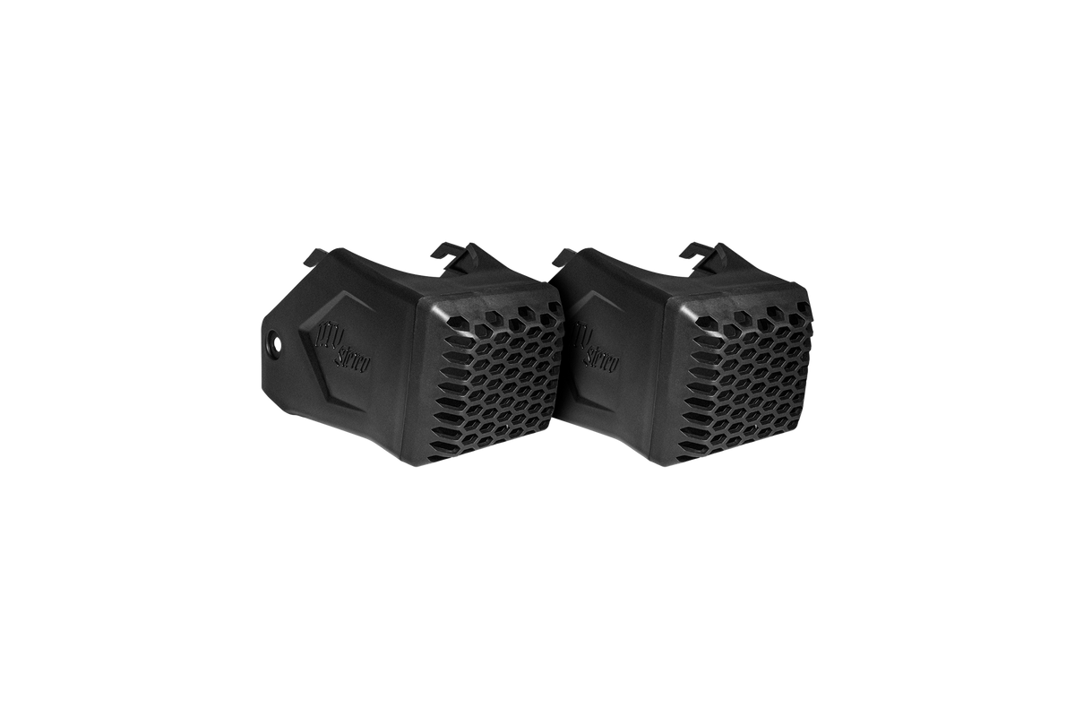 Two black UTV Stereo speaker pods with honeycomb grille design